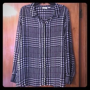 Liz Claiborne Plaid Button Up Shirt Blouse Size 2X Black & White